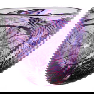 Orrefors Eva Englund 1984 Graal Glass Flower Bowl: This Orrefors Graal Gallery Collection vase, created by the renowned glass artist Eva Englund (Swedish, 1937-1998), is a captivating example of her intricate and expressive style. The vase features a