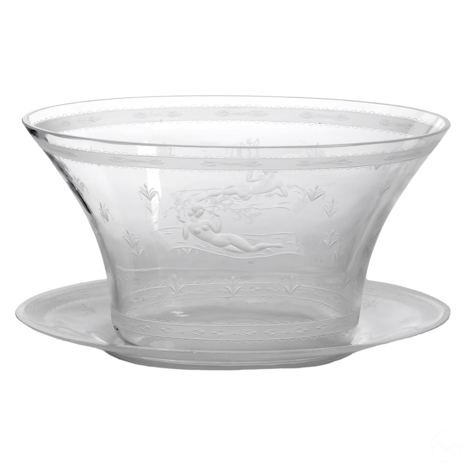 Orrefors Edward Hald Intaglio Etched Bowl & Tray: An antique Orrefors bowl and tray, designed by Edward Hald, featuring Intaglio Etched "Flying Carpet" Art Deco stylized engravings on thin clear glass. The bowl depicts a female nude figure reclining