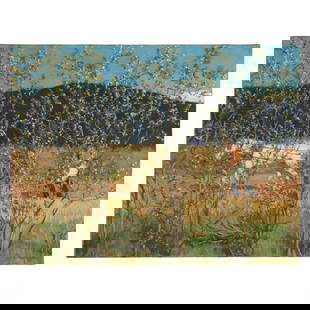 Ernest Martin Hennings (American, 1886-1956) Spring Plowing: This exceptional original oil painting by Ernest Martin Hennings (1886-1956), a renowned American artist and notable member of the Taos Society of Artists, captures a tranquil pastoral scene in the