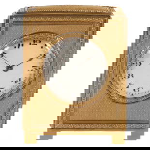 18k Yellow Gold Geneva for Asprey of London Travel Clock: An antique 18k yellow gold travel clock produced by the Geneva Clock Co. for Asprey of London, circa 1925. The timepiece features an intricately detailed guilloche pattern on all sides, with a