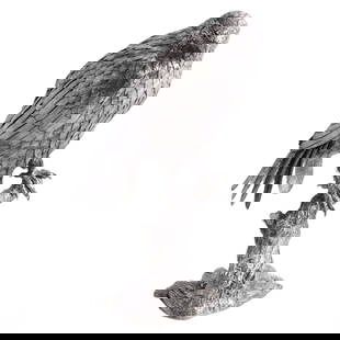 Mario Buccellati Sterling Hawk Sculpture 790g.: An Italian Mario Buccellati sterling silver sculpture of a hawk. This finely detailed model captures a bird of prey perched on a tree branch, with intricately rendered feathers, beak, and textured