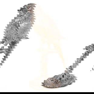 Sterling Silver Perched Wild Parrot Bird Sculpture 850g.: A sterling silver figural sculpture of a lifelike perched parrot, featuring detailed feathers and a naturalistic stance. The piece sits on a branch-form with a rounded base. The bottom rim stamped