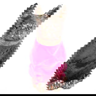 Silverplate and Cranberry Glass Bulldog Decanter: A charming figural decanter is crafted in the shape of a French Bulldog or Boston Terrier, featuring a vibrant cranberry glass body with detailed silver-plated accents. The dog's head is beautifully