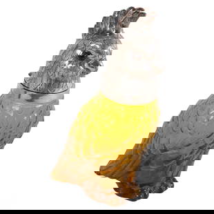 Silver Plate and Yellow Art Glass Parrot Decanter: A charming silver plate and yellow art glass figural parrot decanter, crafted with exceptional detail. The body of the bird is made from vibrant yellow glass, adorned with feather-like textures that