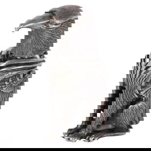 Cartier French Sterling Silver Griffin Perfume Scent Bottle 75g.: An exquisite Cartier sterling silver perfume bottle, designed in the Egyptian Revival style. The piece features a beautifully detailed griffin or bird figure encasing a glass perfume vessel. The