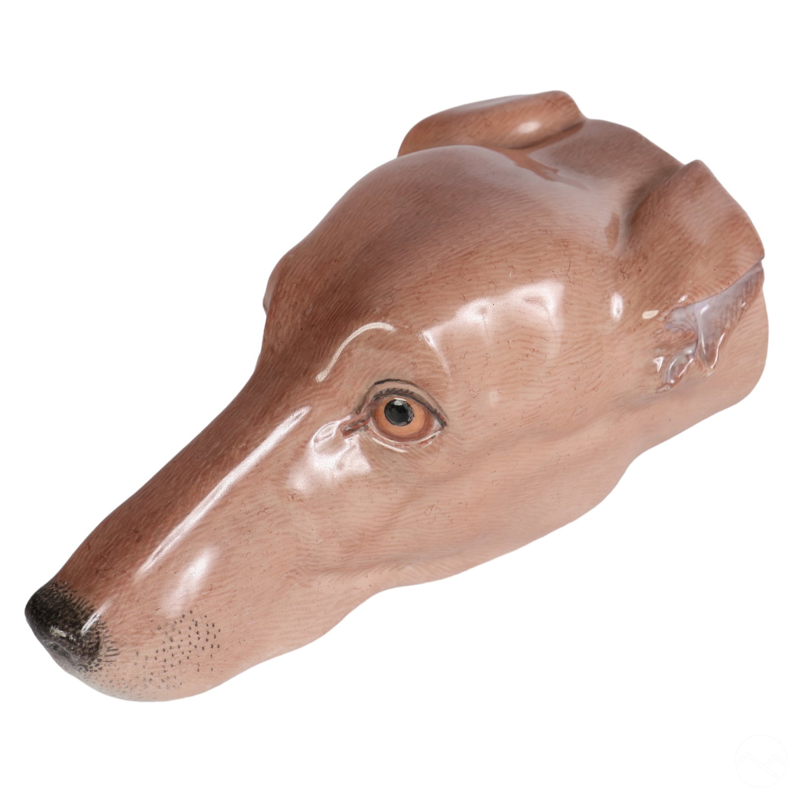 KPM Porcelain Greyhound Hunting Dog Stirrup Cup: A German KPM porcelain stirrup cup in the form of a greyhound's head, featuring a soft brown glaze that beautifully captures the breed's sleek lines. The cup is marked 'KPM' on the interior. The detai