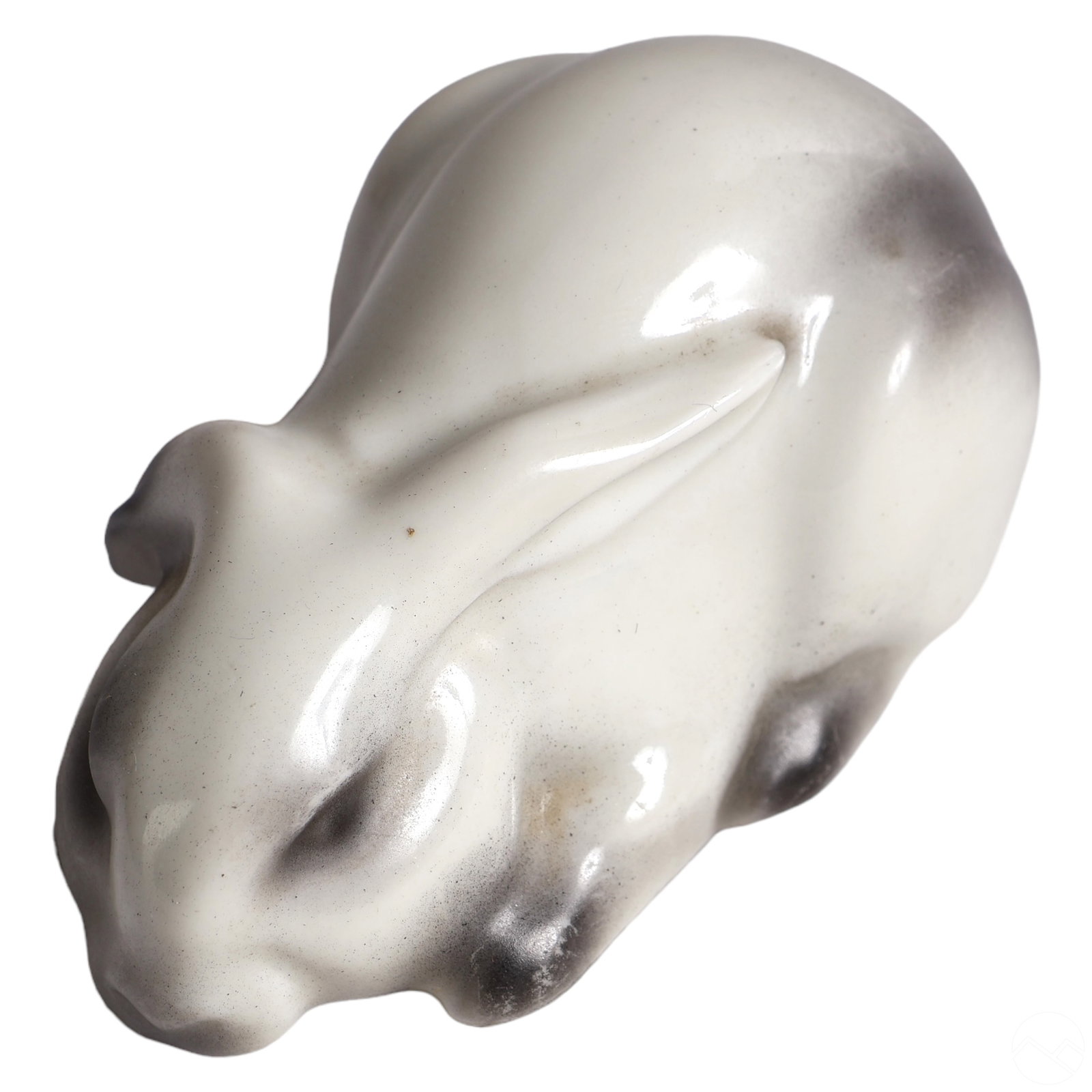 Edouard Marcel Sandoz Porcelain Rabbit Figurine: A Langenthal Swiss porcelain rabbit figurine designed by Edouard Marcel Sandoz (1881-1971). This Art Deco piece depicts a hare, featuring a sleek white glazed finish accented with soft grey tones. The