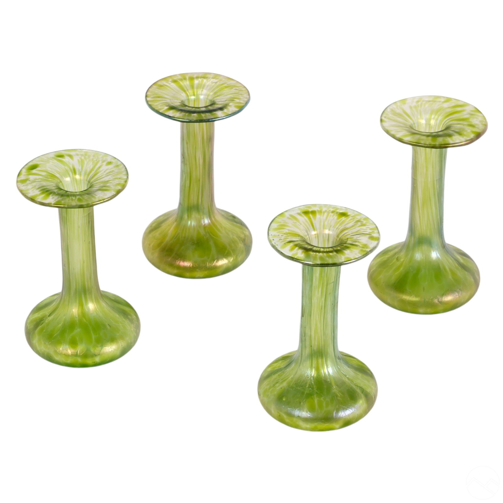 Loetz Style Green Bohemian Glass Vase 4 Piece SET (1 of 5)