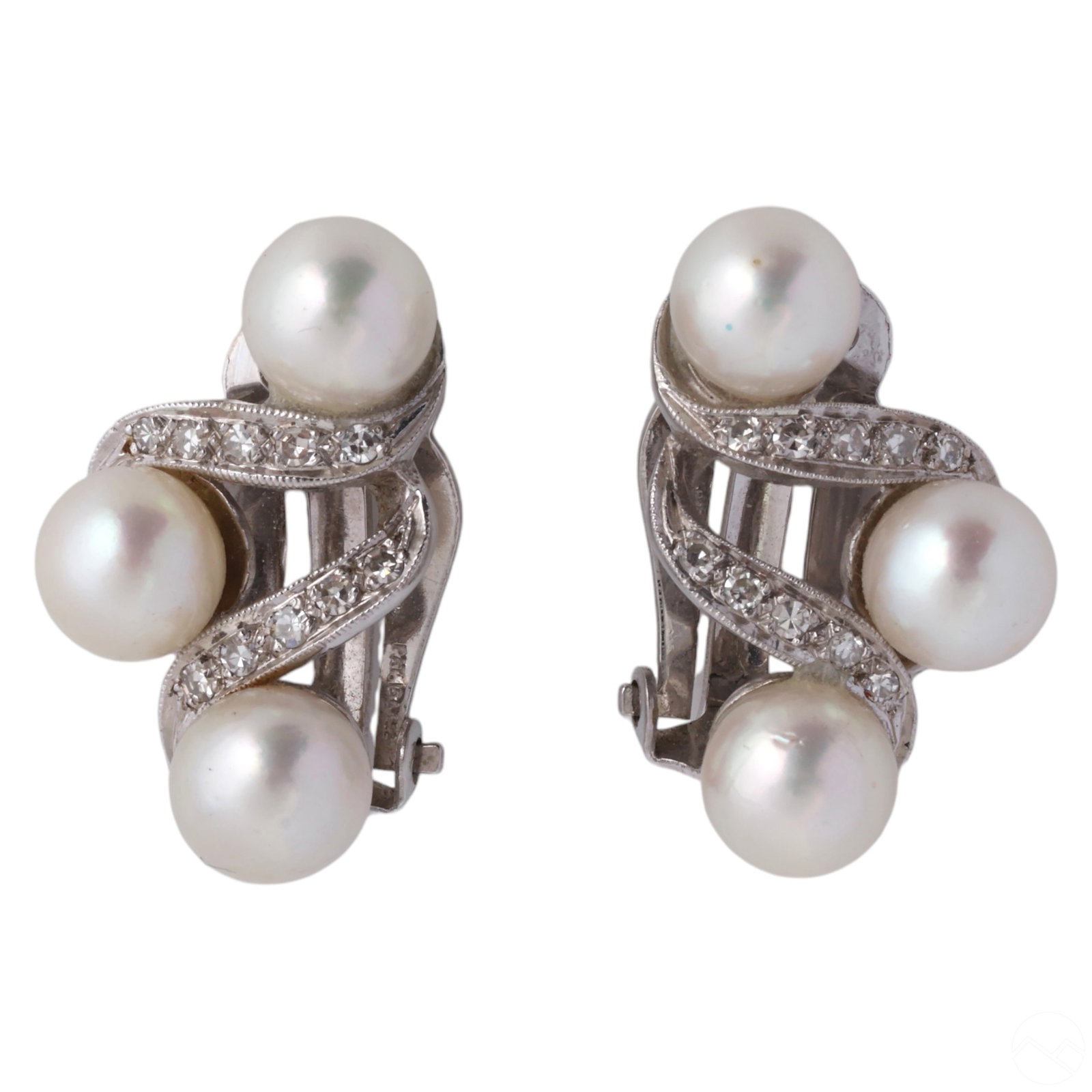 14k White Gold Diamond & Pearl Retro Clip Earrings (1 of 4)