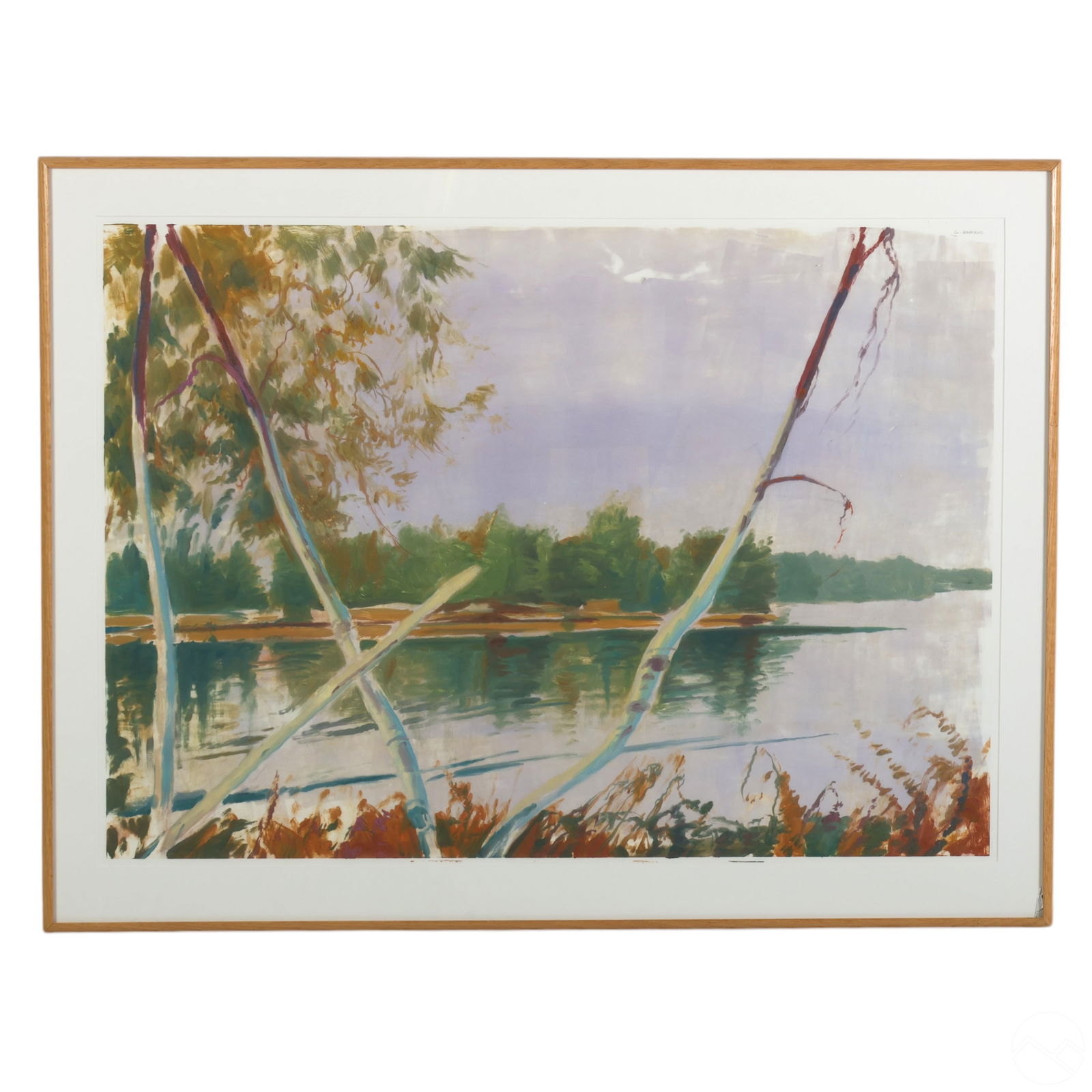 Conley Harris b.1943 Lakeside Watercolor Painting: Conley Harris (American, born 1943). An original watercolor painting on paper depicting a tranquil lakeside landscape. The composition features a serene body of water at the center, surrounded by dens