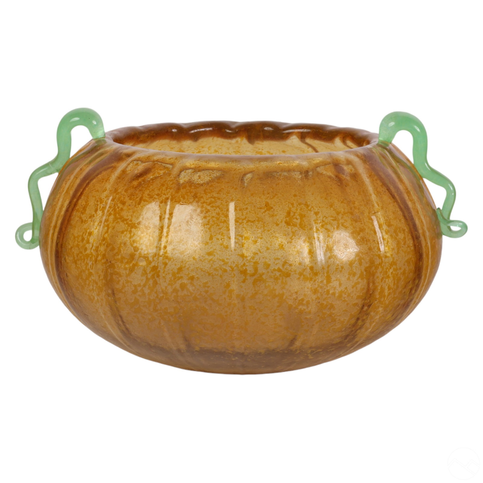 Daum French Pate de Verre Art Glass Pumpkin Bowl: A Daum French art glass candy bowl featuring a naturalistic gourd form resembling a pumpkin, crafted in orange-colored pâte de verre art glass. The bowl is complemented by green coiled tendril handle