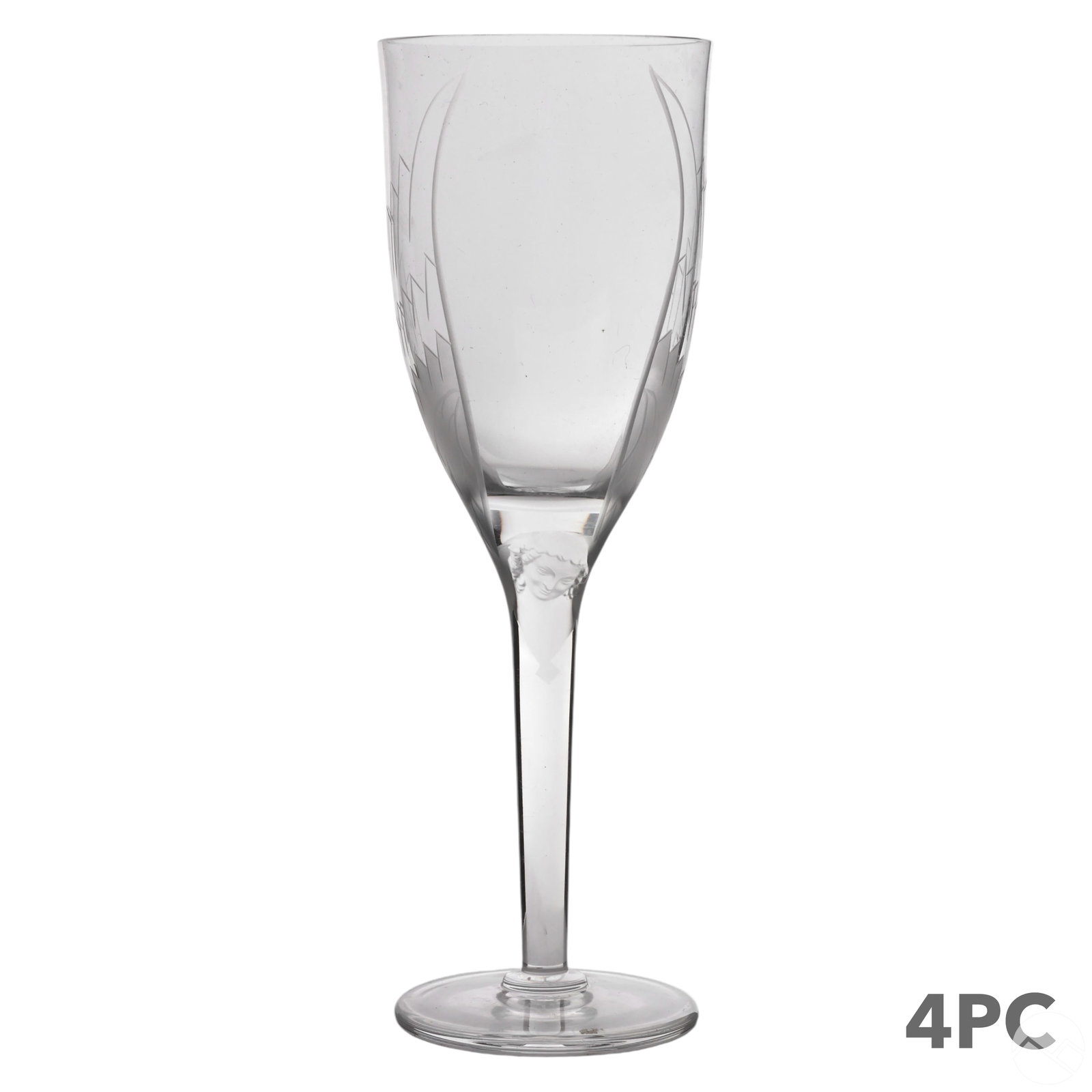 Lalique Crystal Angel Champagne Wine Flutes 4pc SET: An estate set of four Lalique French crystal "Ange" champagne wine flute stemware glasses. Each glass features frosted crystal bowls adorned with angel wing and face relief designs, set atop clear ste