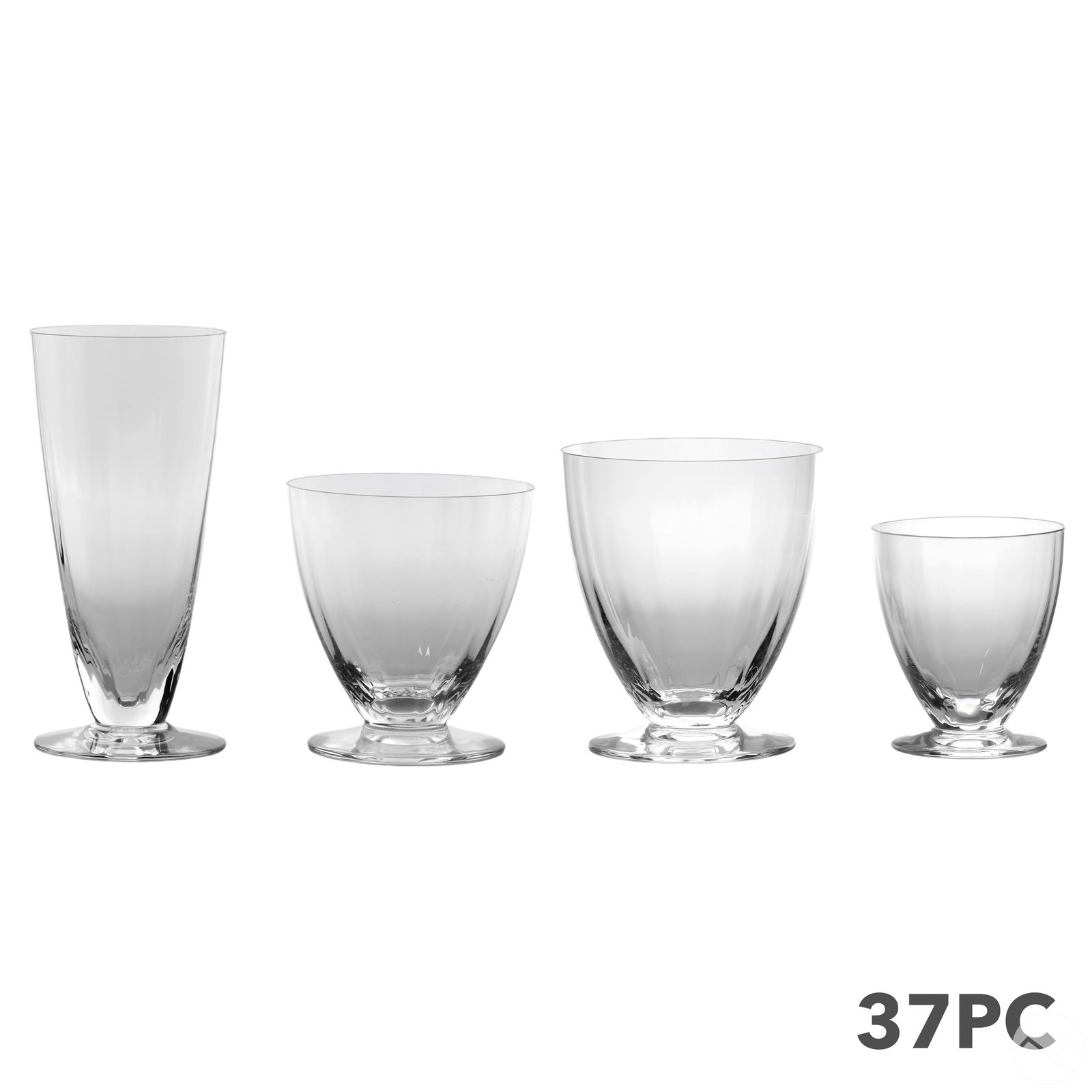 Baccarat French Crystal Flore Optic Stemware 37pc.: A 37-piece Baccarat stemware set in the discontinued Flore Optic pattern. Each piece features a clear crystal bowl with optic sides, without a stem, and rests on a round base. The lot includes 12 nine