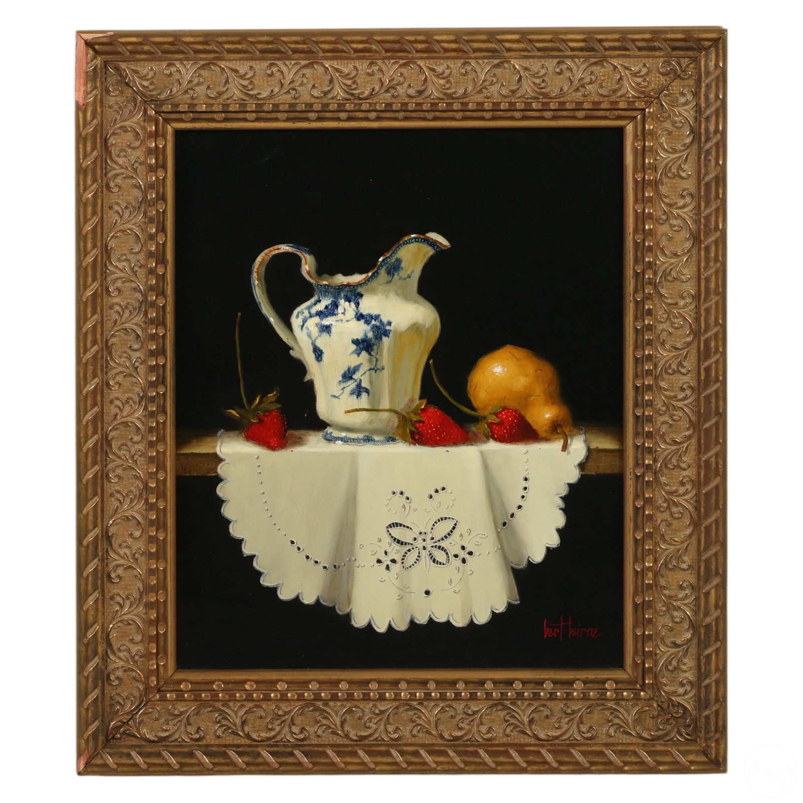 Bert Beirne b.1939 Fruits Still Life Oil Painting: Bert Beirne (American, born 1939). An original oil painting on board titled "Lansdale Flow Blue Creamer, Pear, Strawberries, and Cloth." This still life is rendered in a realistic style, showcasing th