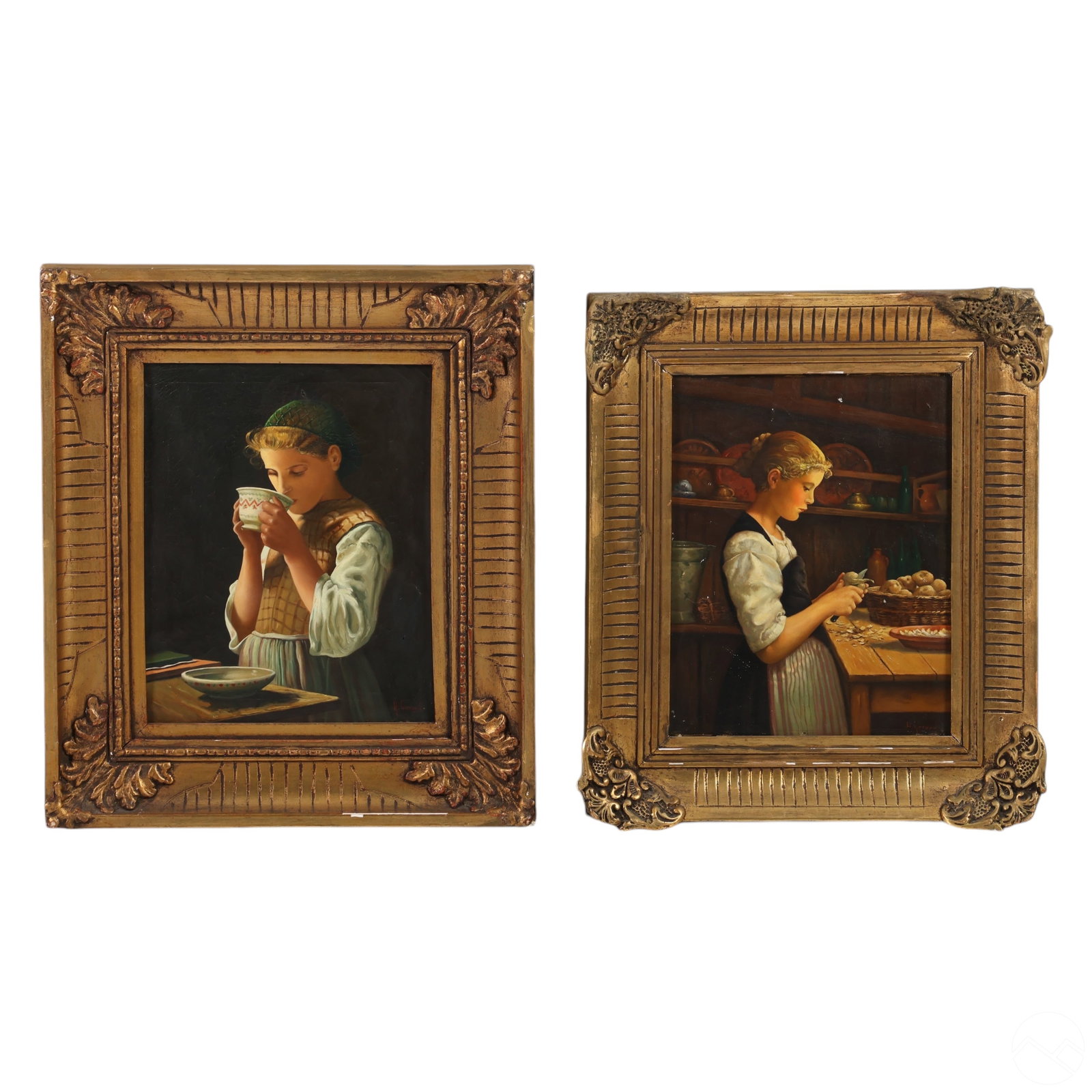 Antique French Peasant Girl Portrait Paintings LOT (1 of 9)