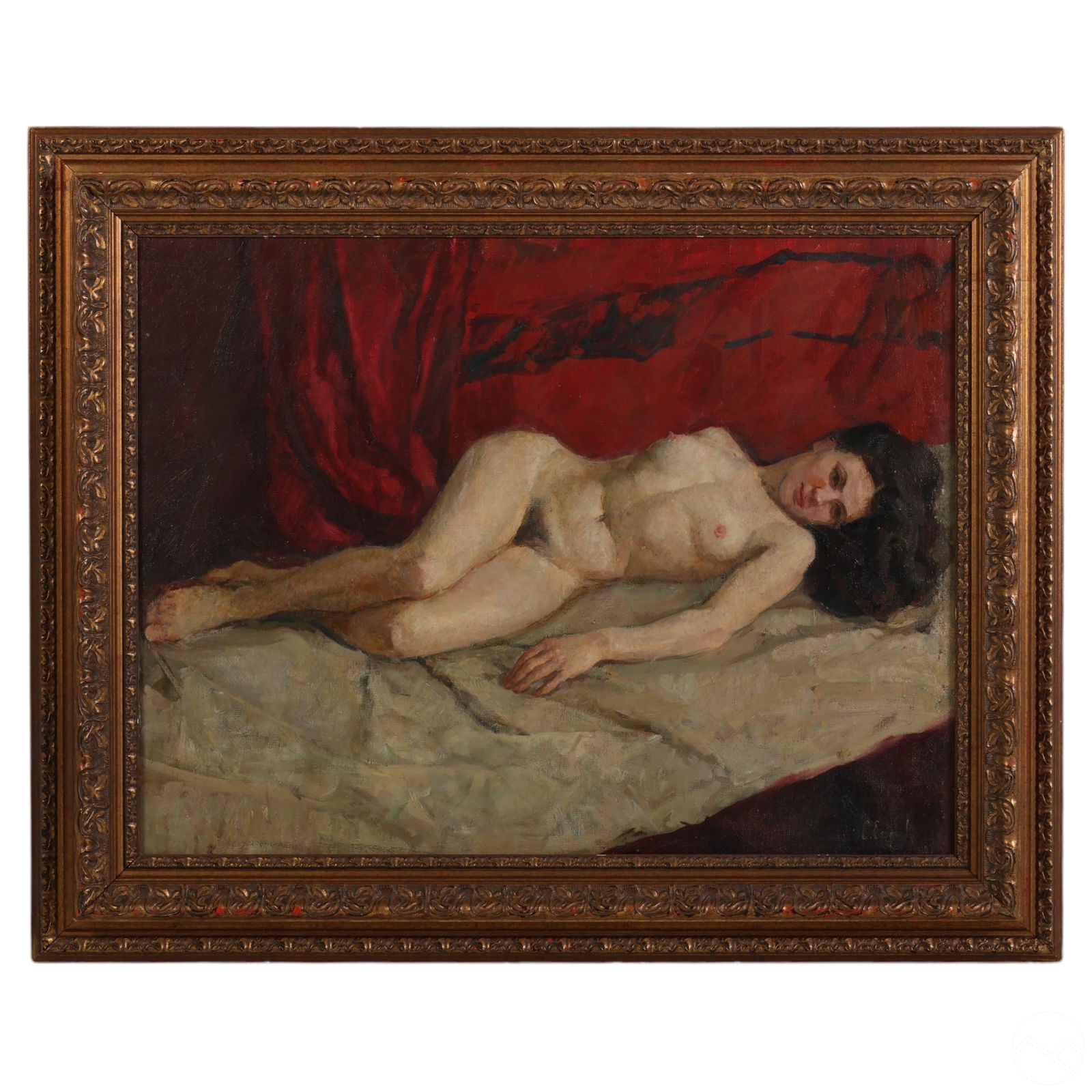Antique Reclining Nude Brunette Female Painting: An antique oil painting on canvas, reminiscent of the traditional academic nude genre commonly seen in 19th and early 20th-century art. The work depicts a classical-style nude woman reclining on a whi