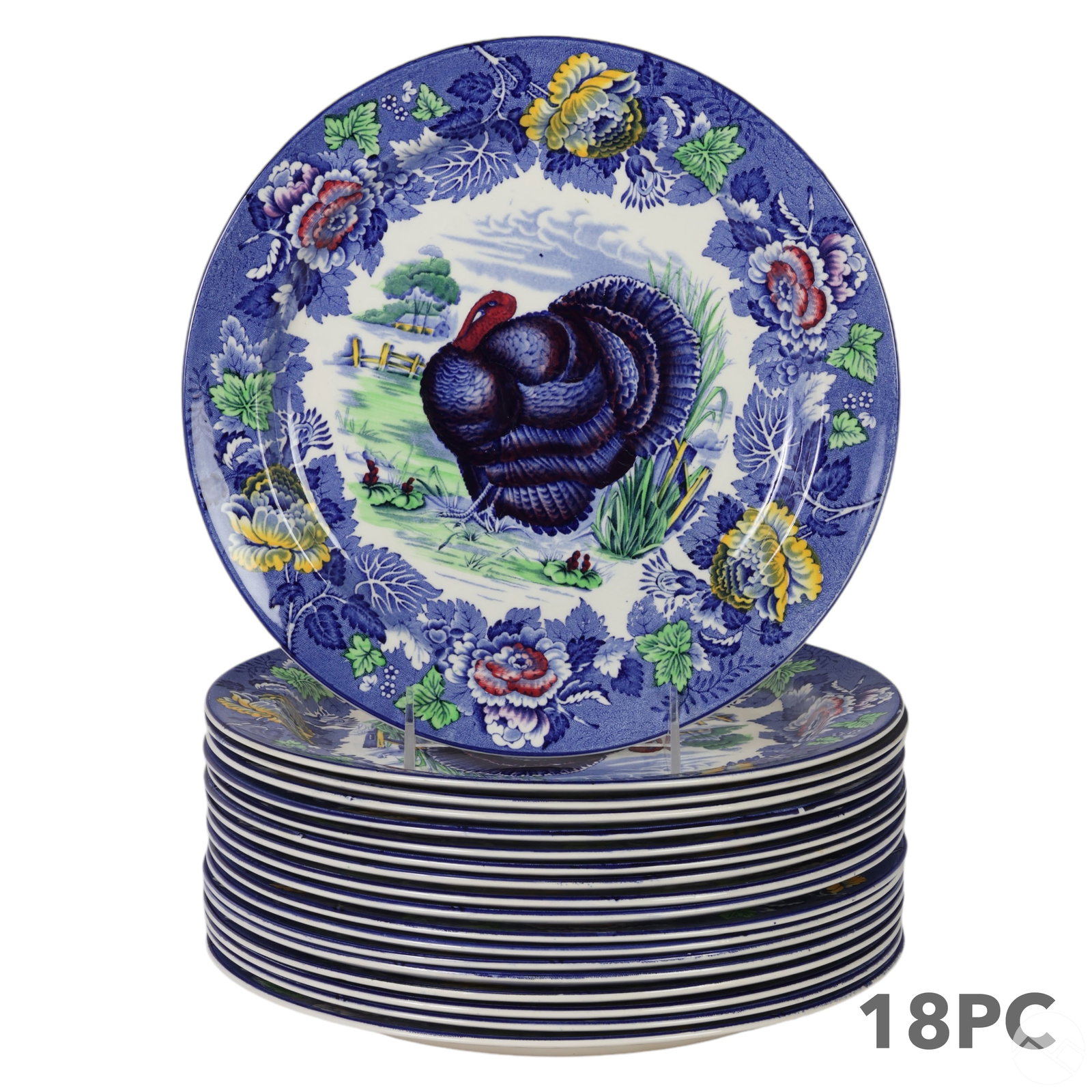 English Woods Burslem Blue Turkey Dinner Plate SET (1 of 5)