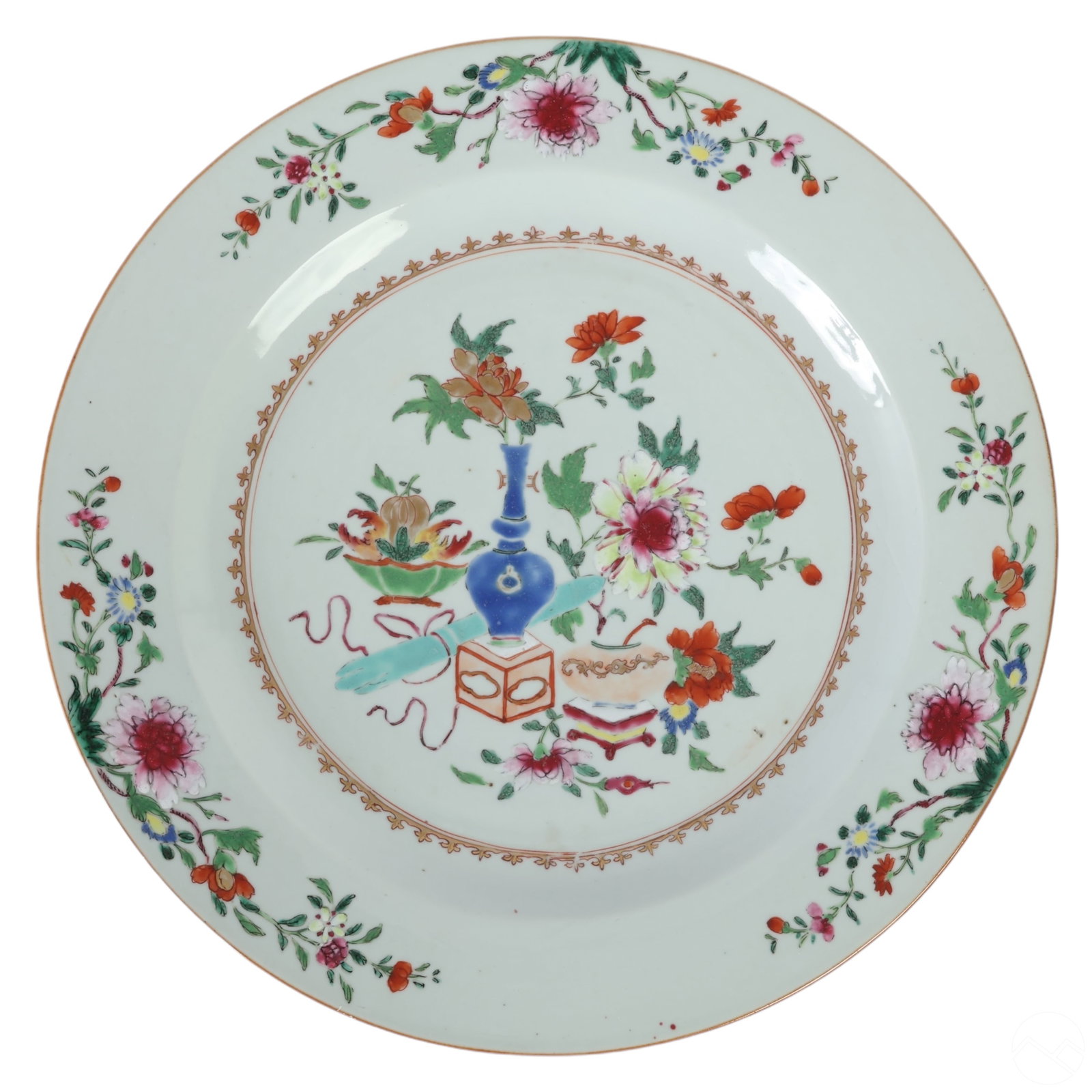 Chinese Export Famille Rose Porcelain 15" Charger: An antique Chinese porcelain charger plate, decorated with intricate botanical designs and a colorful auspicious treasure at the center. The plate features a floral border that is accented with gold, 