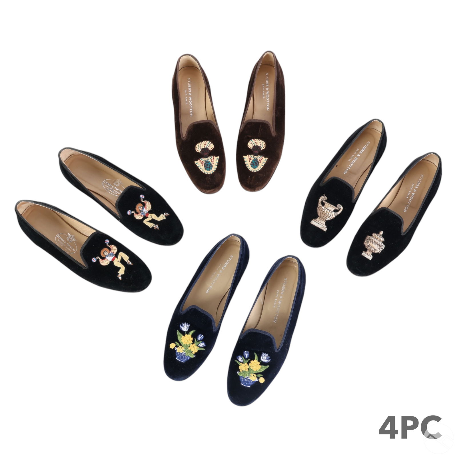 Stubbs & Wootton Ladies Designer Loafer Shoes LOT: A lot of four pairs of Stubbs & Wootton women’s luxury designer embroidered loafers. Each pair features a uniquely colored felt exterior with a distinct embroidered design: black with Grecian urn mo