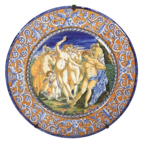 19C Italian Majolica Adam & Eve Charger Platter