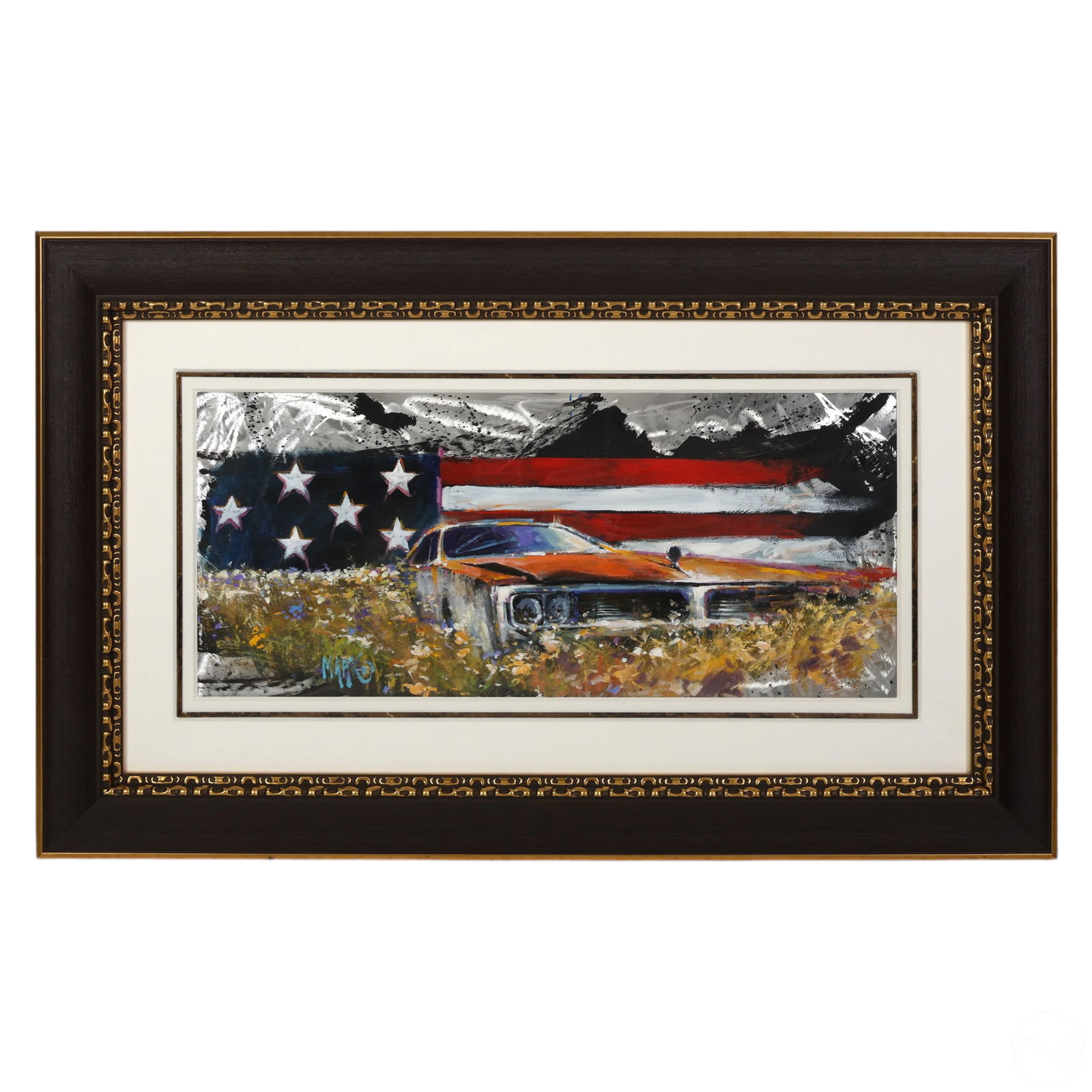 Marko Mavrovich b.1960 American Dream Car Painting: An original painting on metal by Marko Mavrovich (American, b. 1960), titled American Dream. This dynamic artwork features a classic American muscle car set against a backdrop of stars and stripes, ev