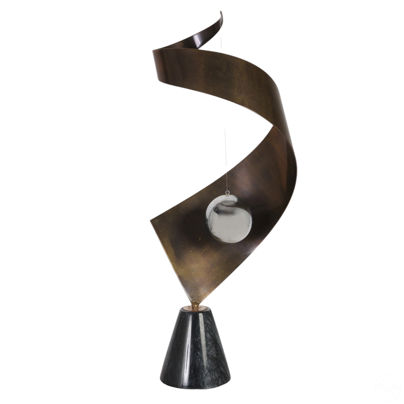 Curtis Jere Modern Kinetic Mixed Metals Sculpture: Modernist art sculpture by Curtis Jere (American, 20th Century), featuring a twisting design crafted from rich metals, evoking a sense of fluidity and movement. A silver-tone orb is suspended in the c