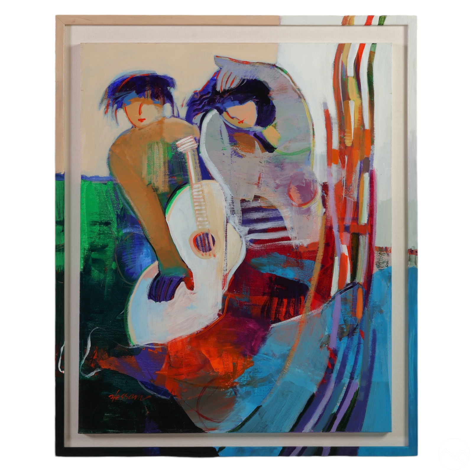 Hessam Abrishami b1951 Figures w/ Guitar Painting: Original oil painting on canvas by Hessam Abrishami (Iranian American, born 1951). The composition features two figures, one holding a guitar, set against a backdrop of expressive brushstrokes and bol