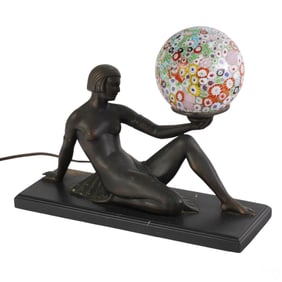 Art Deco Figural Lamp w Millefiori Art Glass Globe