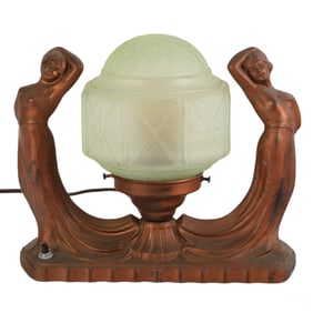Art Deco Dual Figural Female & Glass Shade Lamp