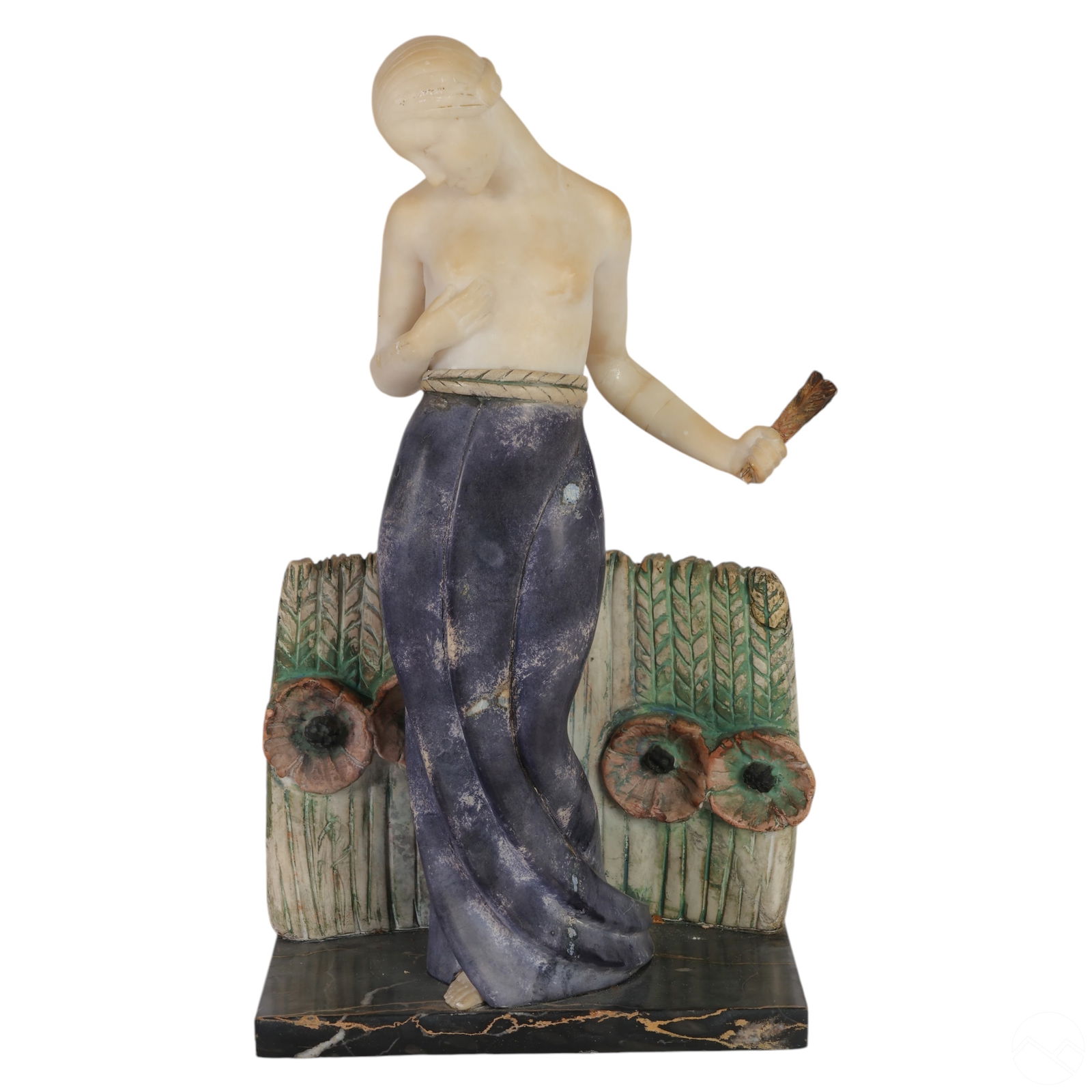 Emilio P. Fiaschi 1851-1941 Alabaster Sculpture: An Art Deco colored alabaster statue by Italian sculptor Emilio P. Fiaschi (1851-1941), depicting a classical semi-nude female figure in a graceful, delicate pose. The figure is dressed in a tinted bl