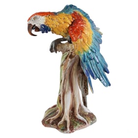 Italian 20C Ceramic Perched Macaw Parrot Sculpture