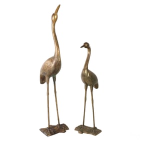 Bronze Pair of Crane Birds on Naturalistic Bases