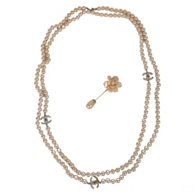 Chanel Single Strand Faux Pearl Necklace & Pin LOT