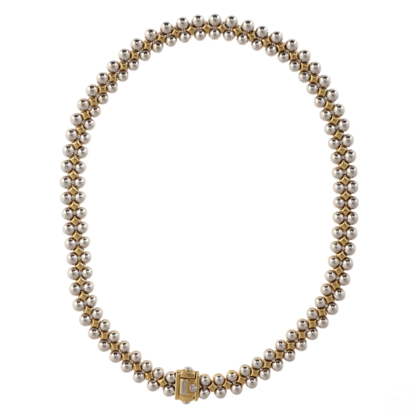 18k Chimento Two Tone White & Yellow Gold Necklace: A designer signed, reversible 18k white and yellow gold two-tone necklace by Chimento, expertly crafted in Italy. This elegant piece showcases Chimento's craftsmanship, featuring a pave-set diamond em