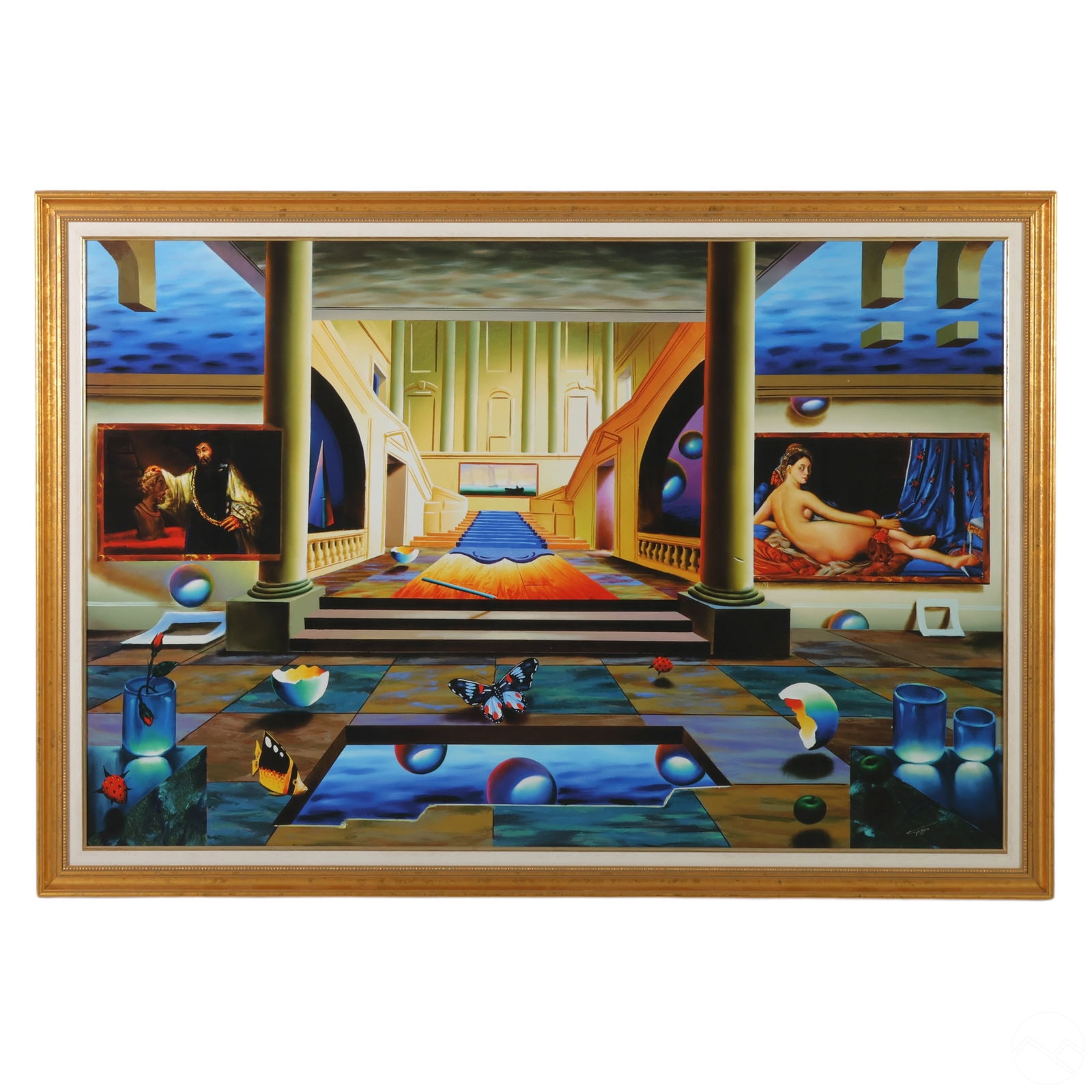 Ferjo b.1946 Journey to the Past LE Giclee SIGNED: A surrealist giclee on canvas titled Journey to the Past by Fernando De Jesus Oliveira (Ferjo) (Brazilian, born 1946). This surreal interior landscape incorporates trompe l'oeil elements and pays homa