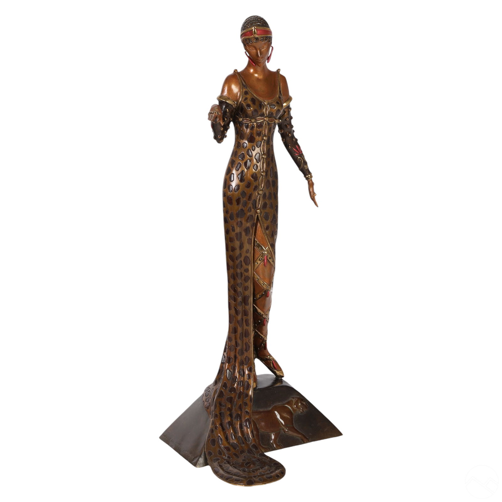 Art Deco Julietta Bronze Sculpture by Erte, 1987: Art Deco "Julietta" bronze sculpture by Erte featuring a long, lean woman adorned in a flowing leopard-skin gown. Her legs peek out from the gown, revealing crossed leather stockings, and her refined