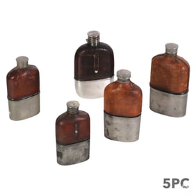 Antique Silver & Leather Hip Liquor Flask 5p LOT