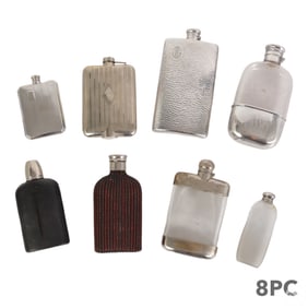 Vintage Silver Mounted Hip Liquor Flask 8pc LOT