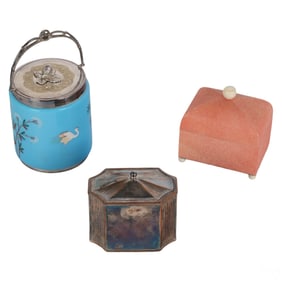 Shagreen Porcelain & Silvered Box 3pc Estate LOT