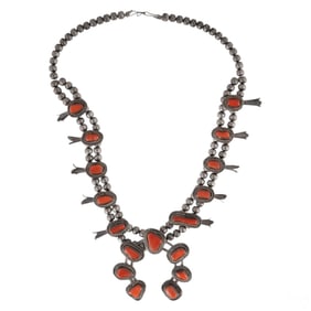 Navajo Sterling Coral Squash Blossom Necklace