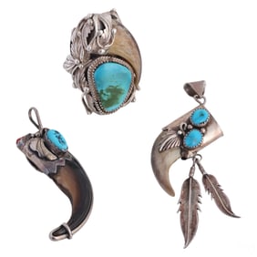 Navajo Indian Silver Bear Claw Ring & Pendant LOT