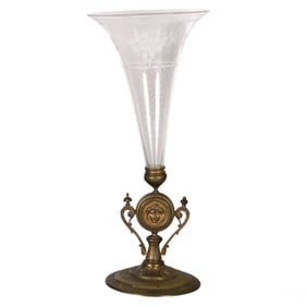 Antique French Bronze & Etched Glass Trumpet Vase