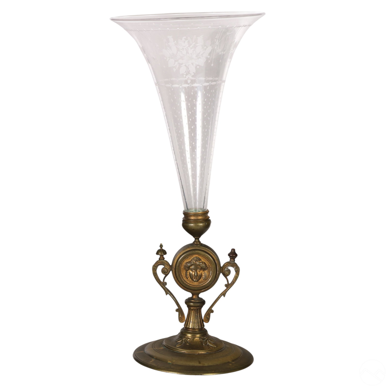 Antique French Bronze & Etched Glass Trumpet Vase: A finely crafted antique trumpet vase featuring a clear glass upper that gently tapers to a bronze pedestal base. The fluted glass insert expands gracefully at the rim, complemented by finely engraved