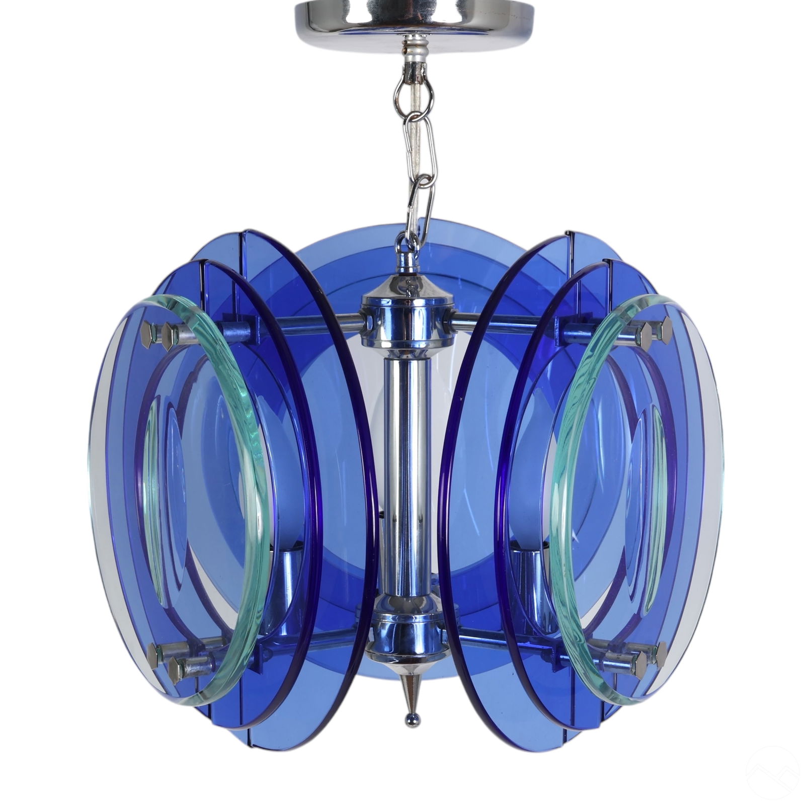 Fontana Arte for Veca Italy Blue Green Chandelier: Veca Italian designer vintage chrome and glass pendant chandelier featuring concentric circular Murano glass panels in striking hues of blue and green. The sleek chrome fixture holds candle-style ligh
