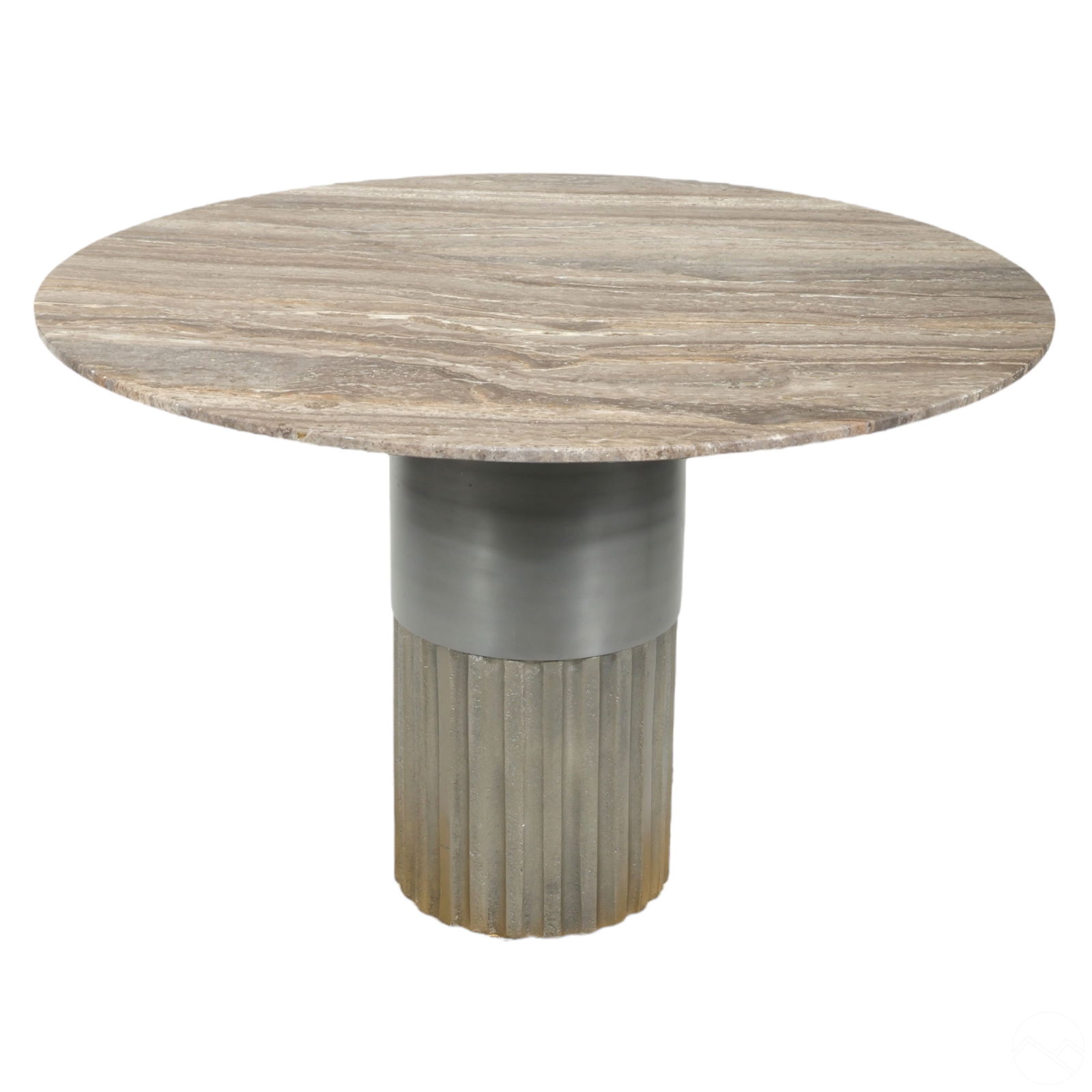 Balutto Associati for CB2 French Modernist Table: Modern designer table with a round travertine stone top showcasing organic patterns in light and dark beige tones with subtle hints of grey. The cylindrical fluted cast metal base has a sleek, industr