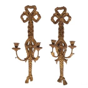 Hollywood Regency Pair of Gilt Wooden Wall Sconces