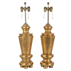 Traditional Gold Leaf Pair of Wood Baluster Lamps