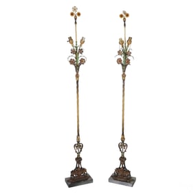 Italian Pair of Floral Tole Torchiere Floor Lamps