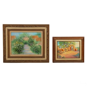 Adobe House and Garden Landscape Painting 2pc LOT