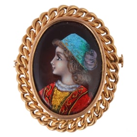 14K Gold French Limoges Enamel Brooch Pendant